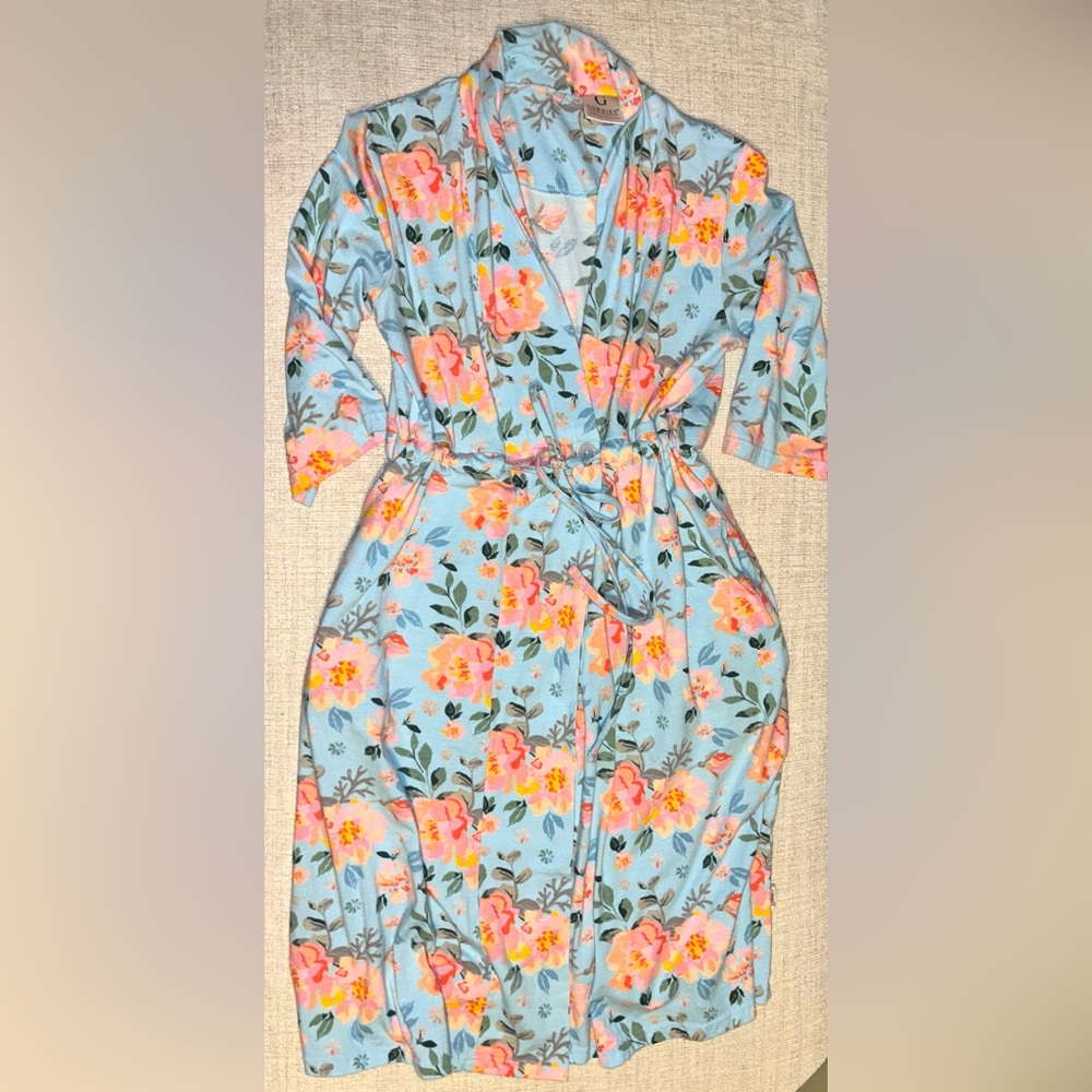 Gownies XS Floral Postpartum Robe Blue Pink Soft Stretch Nursing Hospital Robe